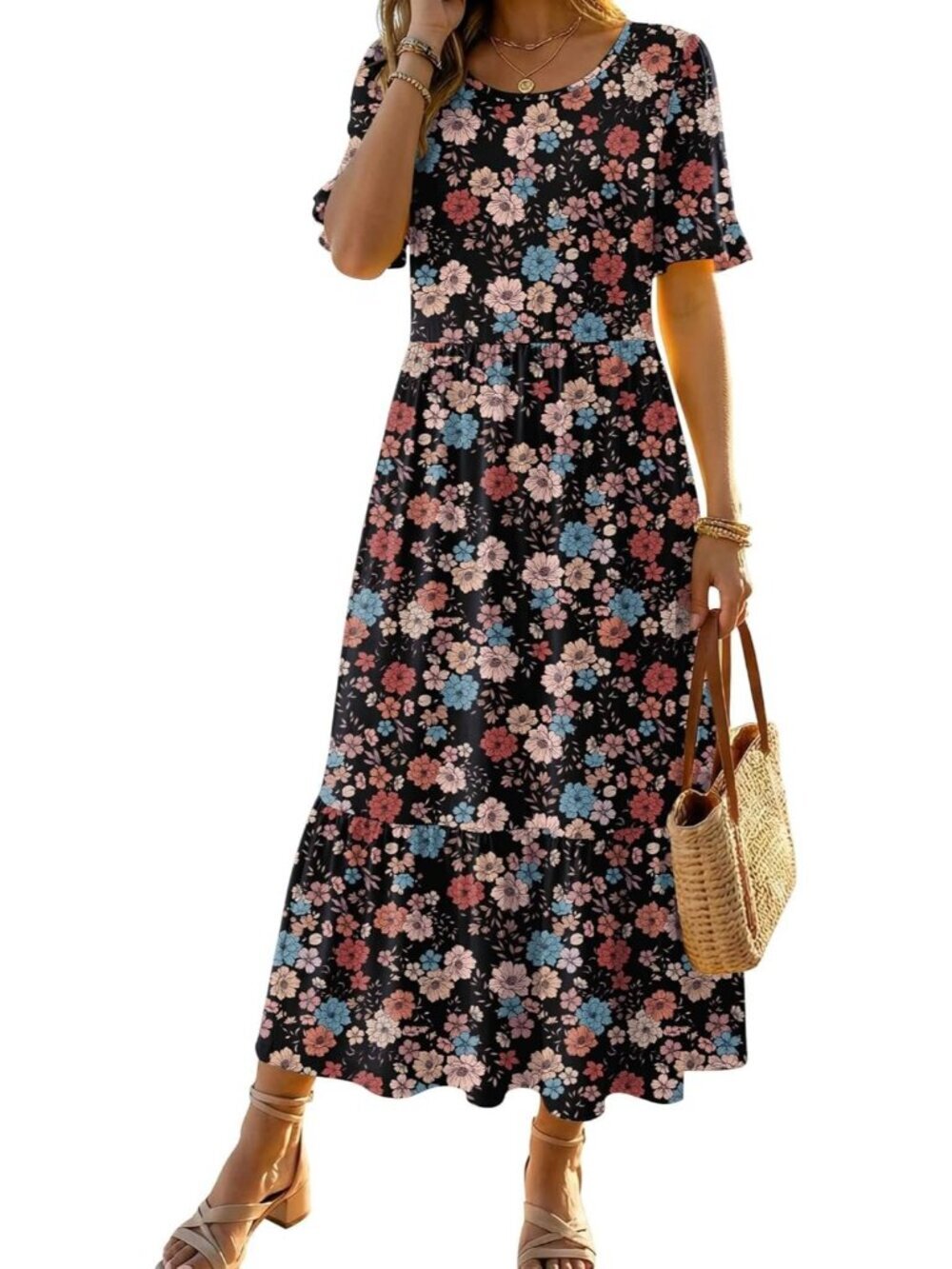Women's Flower Midi Dress Crew Neck Ruffle Short Sleeve Tiered Sundress